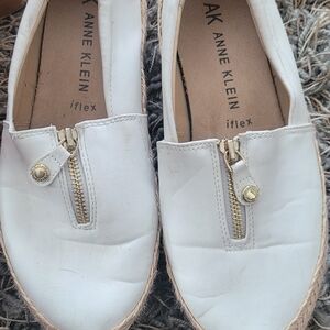 Anne Klein White Espadrille Slip-Ons with Gold Zipper